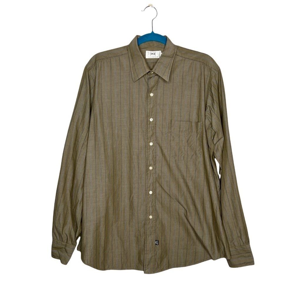 Ike Behar Olive Green Vertical Striped Button Front Shirt USA 100% Cotton